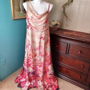 Vintage Monsoon Silk Floral Fairy Grunge Maxi Dress Pink Gold Romantic Size 18